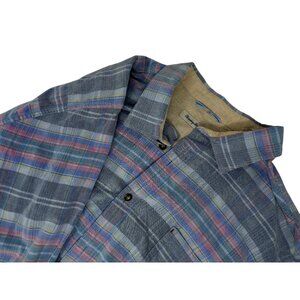 Tommy Bahama Button Up Reverse Weave Shirt XXL Men's Long Sleeve Blue Pink Plaid